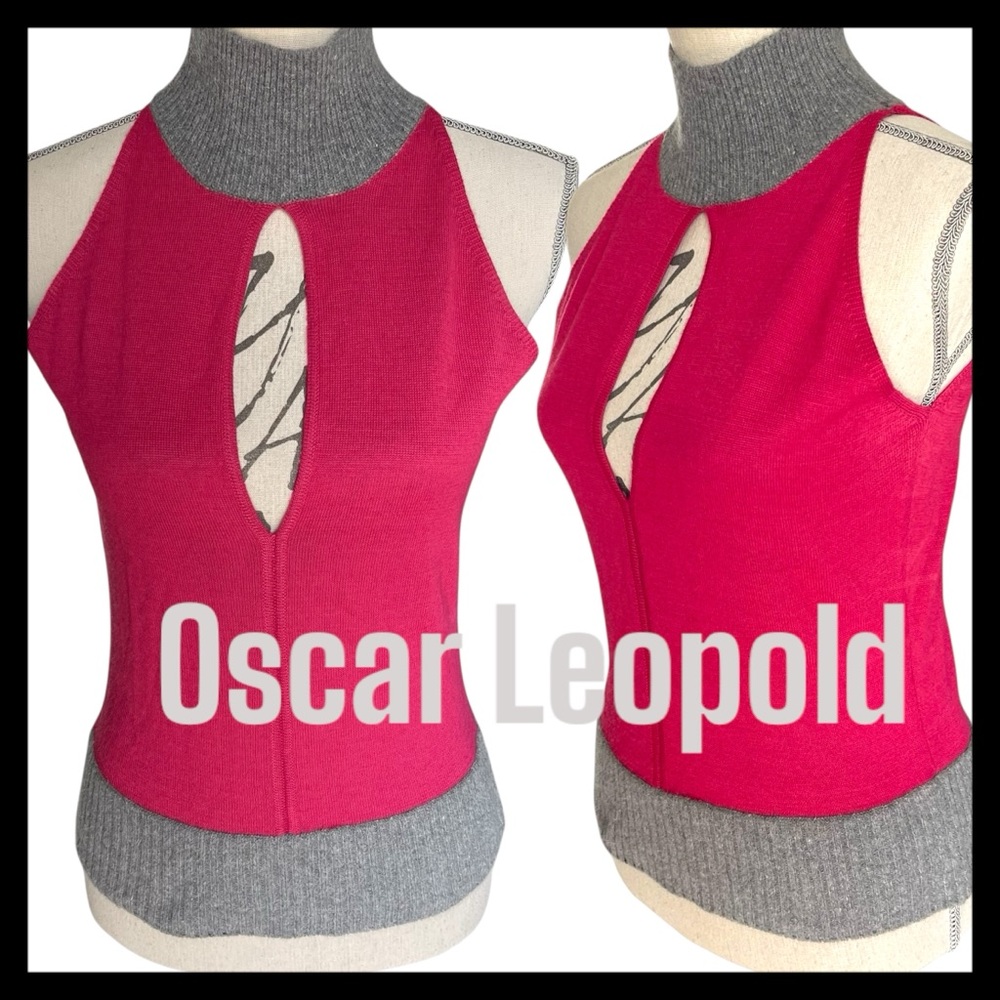 Oscar Leopold Pink/Grey Wool Blend Mock Neck Sleeveless Keyhole Knit Top (M) - Picture 3 of 11